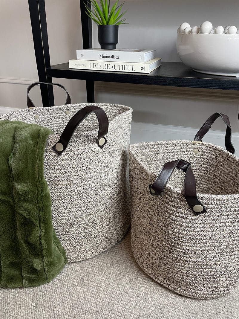 Medium brown beige woven baskets with handles