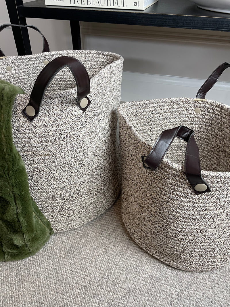 Small brown beige woven basket with handles