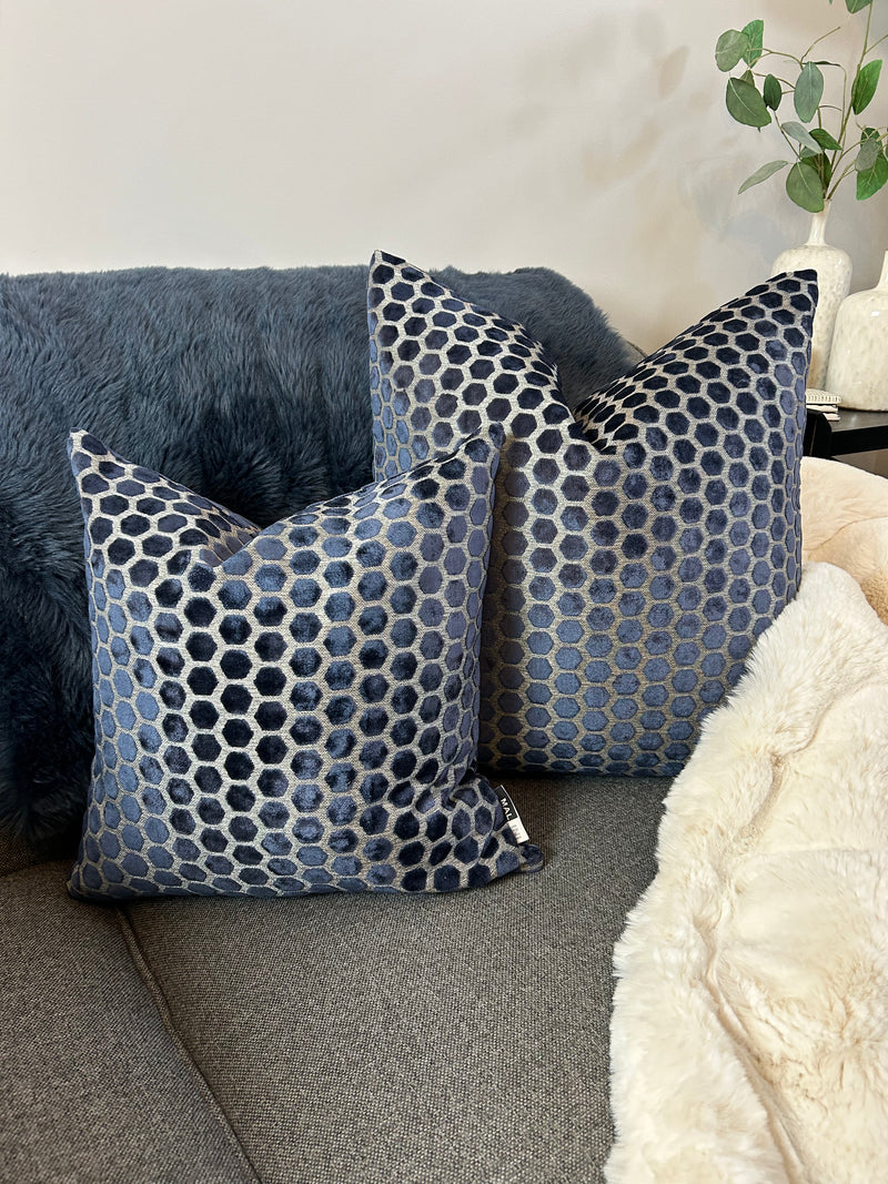 Navy Blue Jorvik Hexagon Velvet Cushion Two Sizes