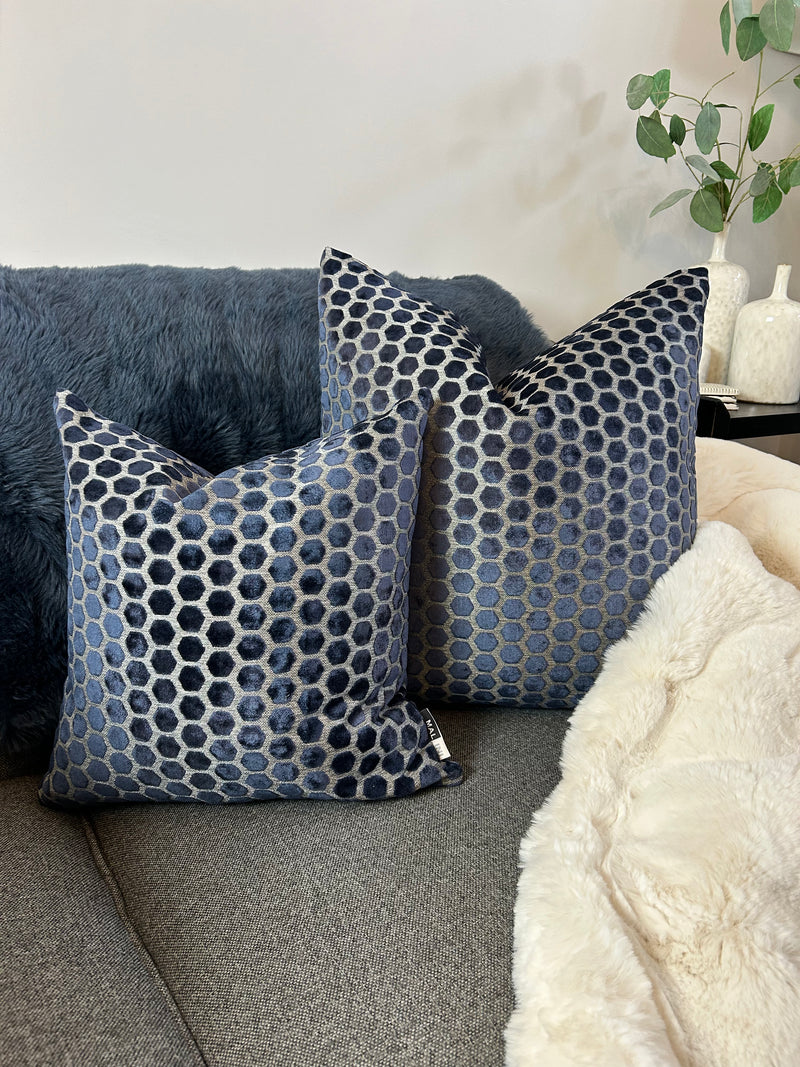 Navy Blue Jorvik Hexagon Velvet luxury Cushion Two Sizes