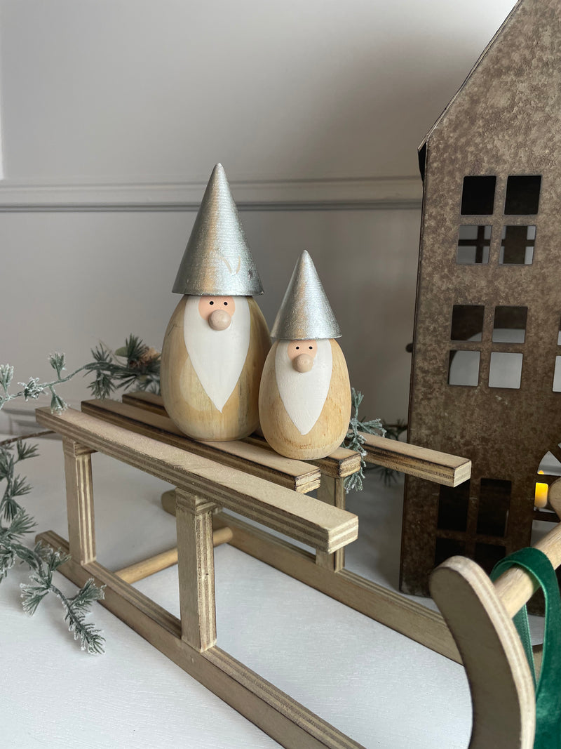 Set of two wooden Santa’s Gonk with silver hat