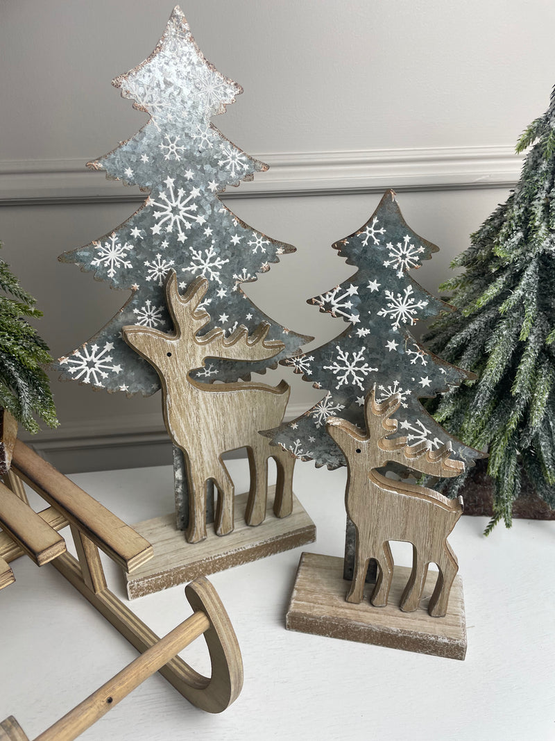 Wooden reindeer Deer and Silver Tree on Stand