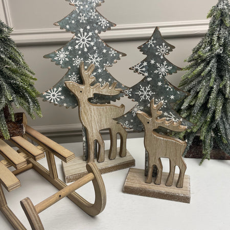 Wooden reindeer Deer and Silver Tree on Stand