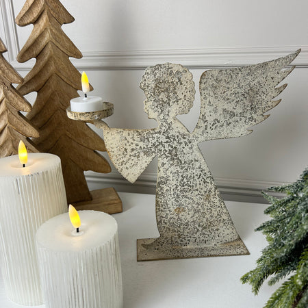 Tall rustic metal angel candle holder 28cm
