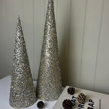 Set of two tall sequin gold cone trees