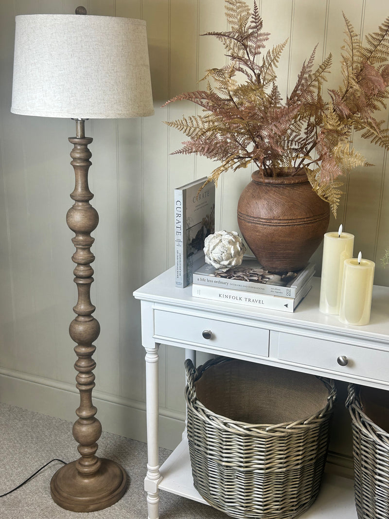 Large pecan brown round glaze table lamp linen shade
