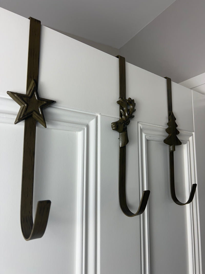 Iron Christmas tree stag reindeer star wreath door hanger hook 3 styles