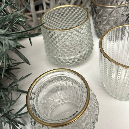 Gold rim glass candle holders mixed
