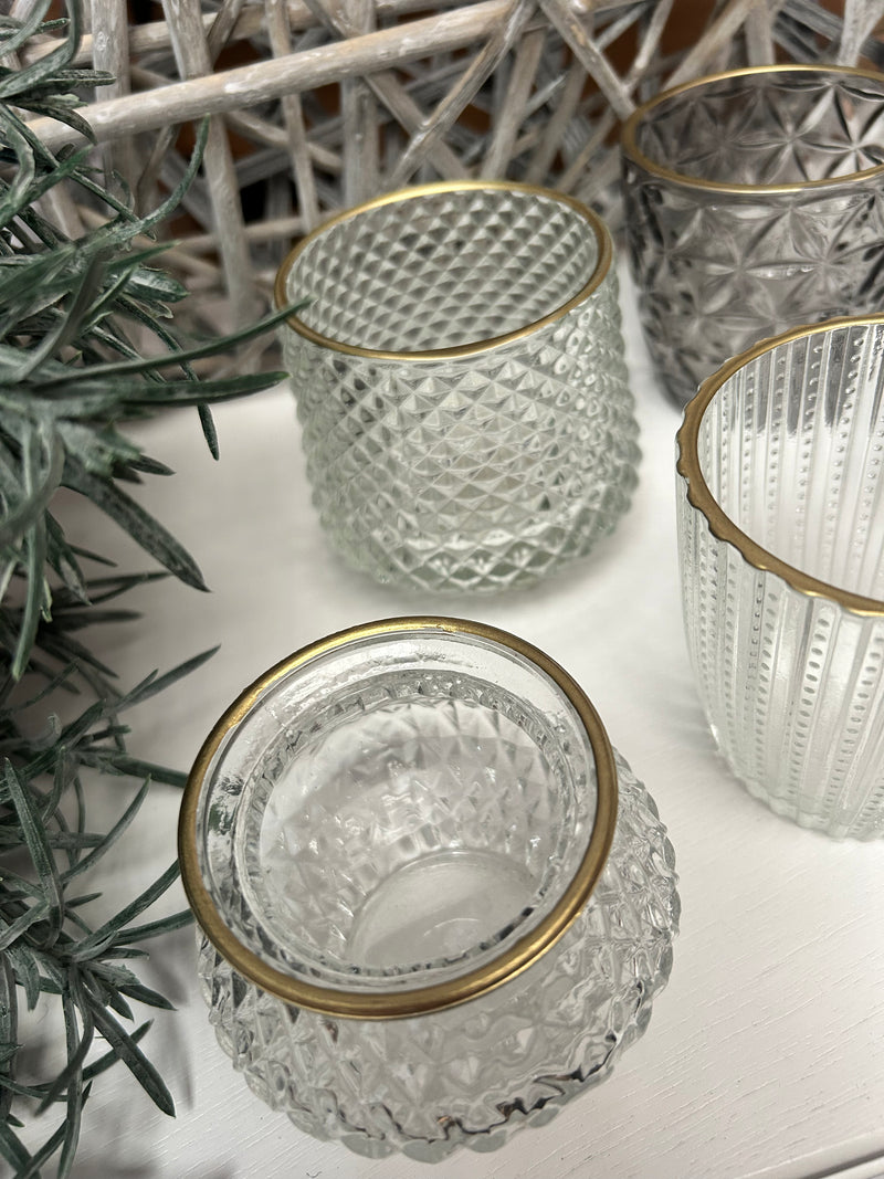 Gold rim glass candle holders mixed