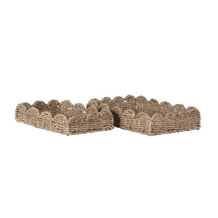 Scallop Edge Rattan Weave woven Basket Tray With Handles