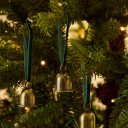 Cromwell Set of 3 Gold Bells on green Velvet Ribbon