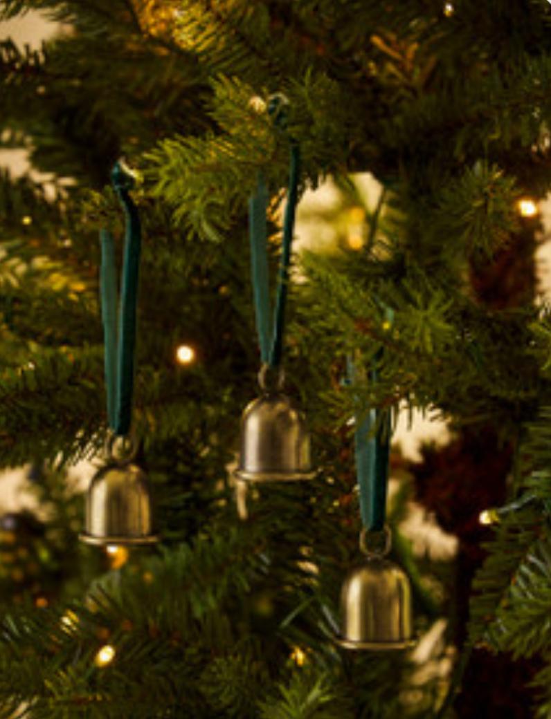 Cromwell Set of 3 Gold Bells on green Velvet Ribbon