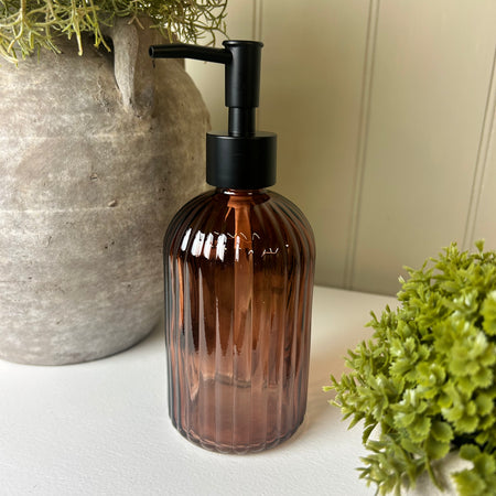 Amber Ribbed Glass Soap Dispenser