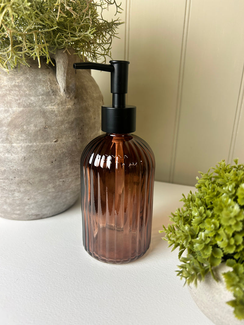 Amber Ribbed Glass Soap Dispenser