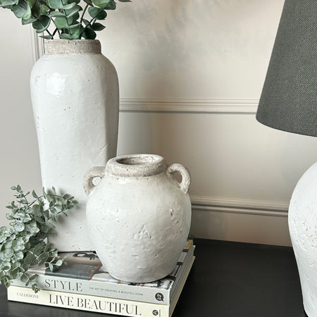Off White Crackle Finished Squat Double Handled stone urn Vase