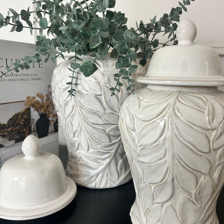 Ceramic leaf detail ginger jar white off white 2 sizes