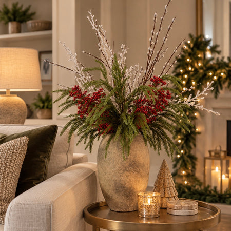 Festive Weeping pine stem red berry pussy willow and snowy branch festive arrangement