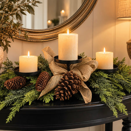 Long triple festive pinecone mixed foliage candle holder centre piece 70cm