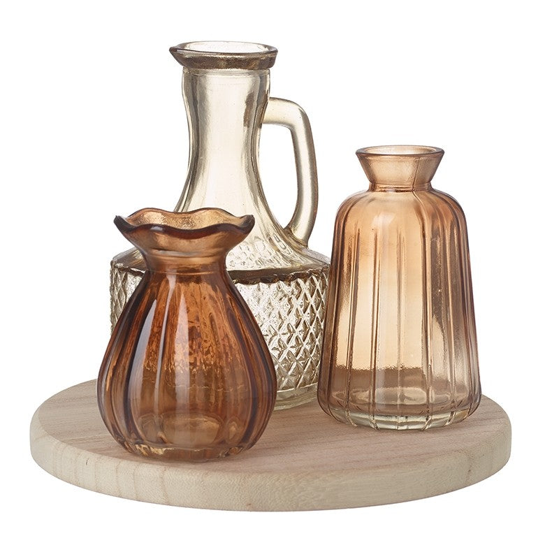 4 Piece Set Glass vase Bottles on Wooden Round Tray amber brown wood