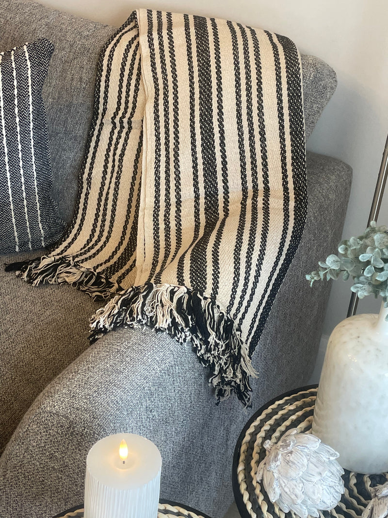 Ivory and black stripe weaved pattern throw