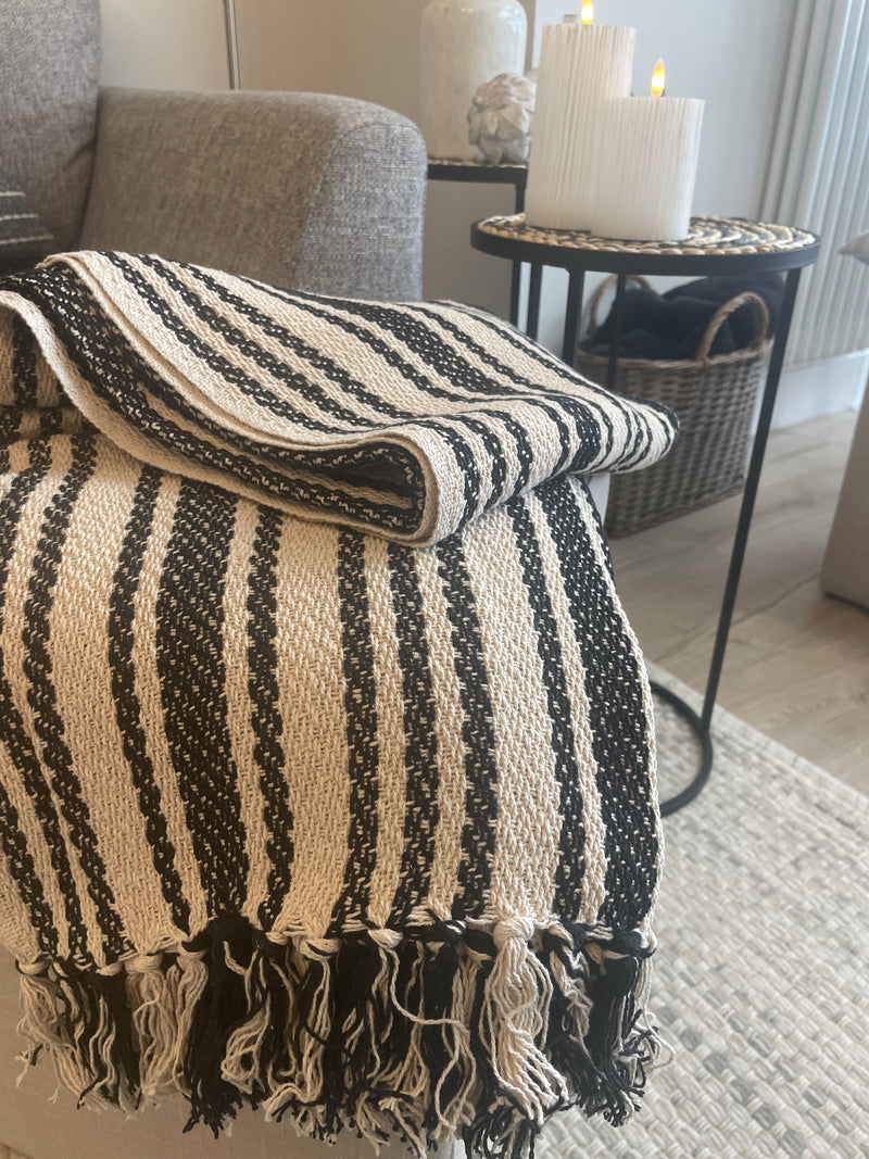 Ivory and black stripe weaved pattern throw