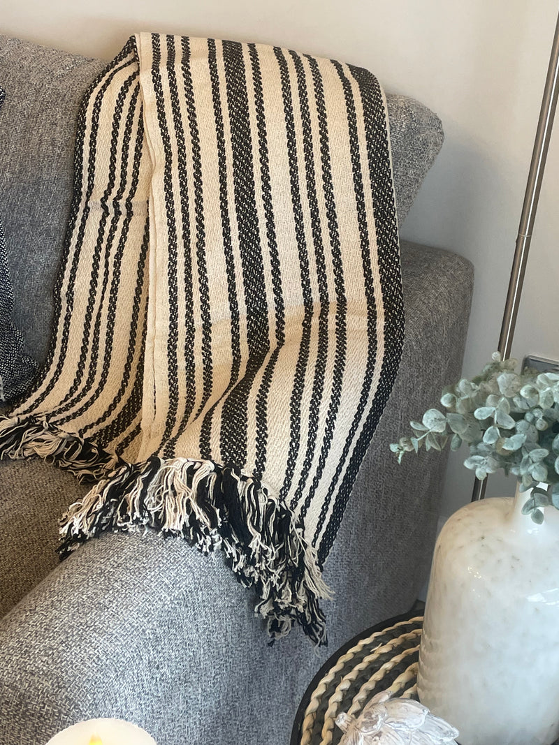 Ivory and black stripe weaved pattern throw