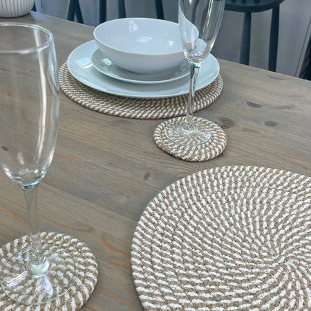 Set of 4 Woven Stripe Natural Coasters and placemats