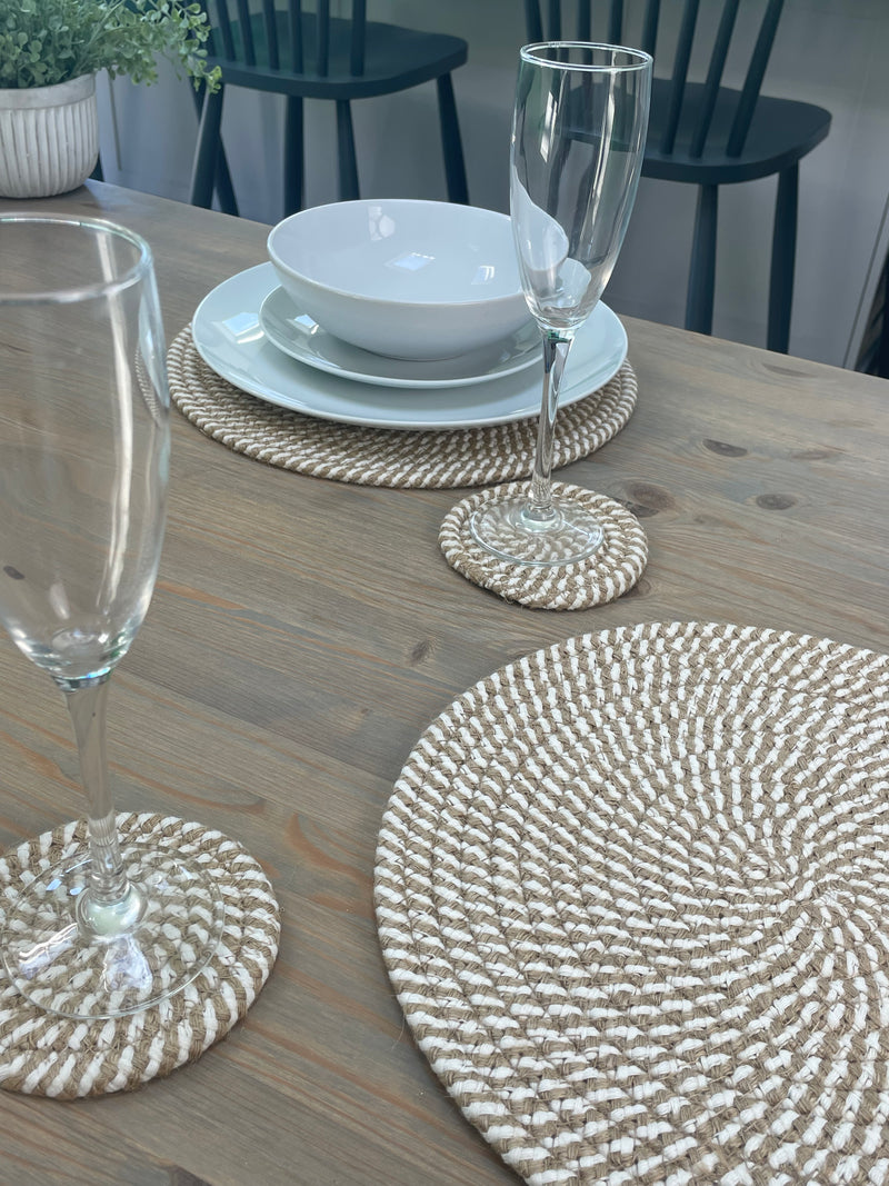 Set of 4 Woven Stripe Natural Coasters and placemats