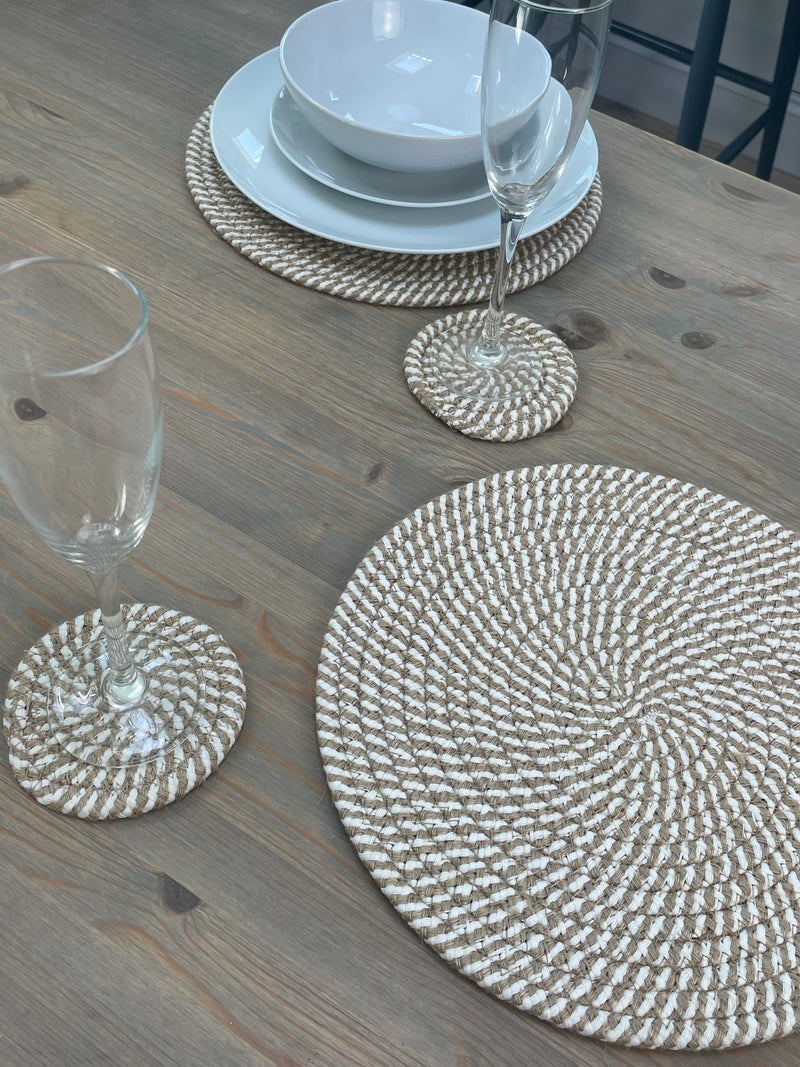 Set of 4 Woven Stripe Natural Coasters and placemats