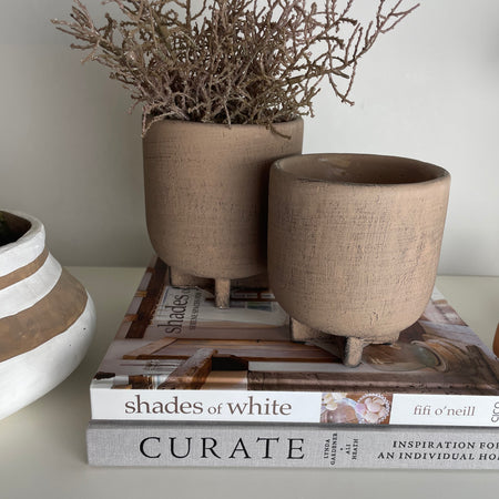 Concrete Nougat Brown Plant Pot on Base, two sizes.