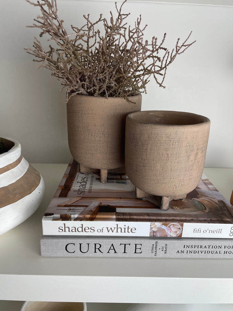 Concrete Nougat Brown Plant Pot on Base, two sizes.