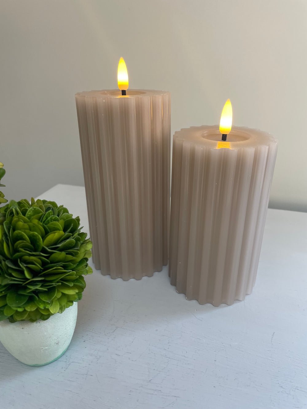 Greige stone wax ribbed led candle with timer Abode