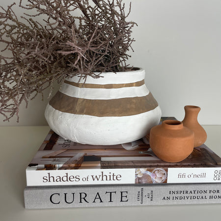 Rustic painted stripe Terracotta Squat Urn Shape Vase