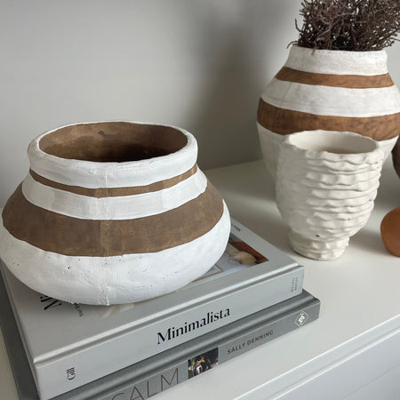 Rustic painted stripe Terracotta Squat Urn Shape Vase