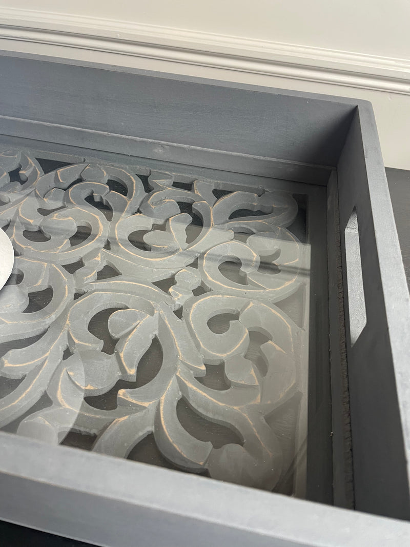 Large grey rectangular carved tray