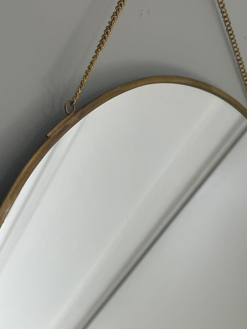 Brushed brass small gold hanging mirror on chain