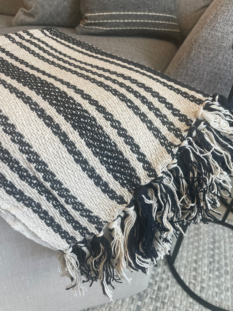 Ivory and black stripe weaved pattern throw