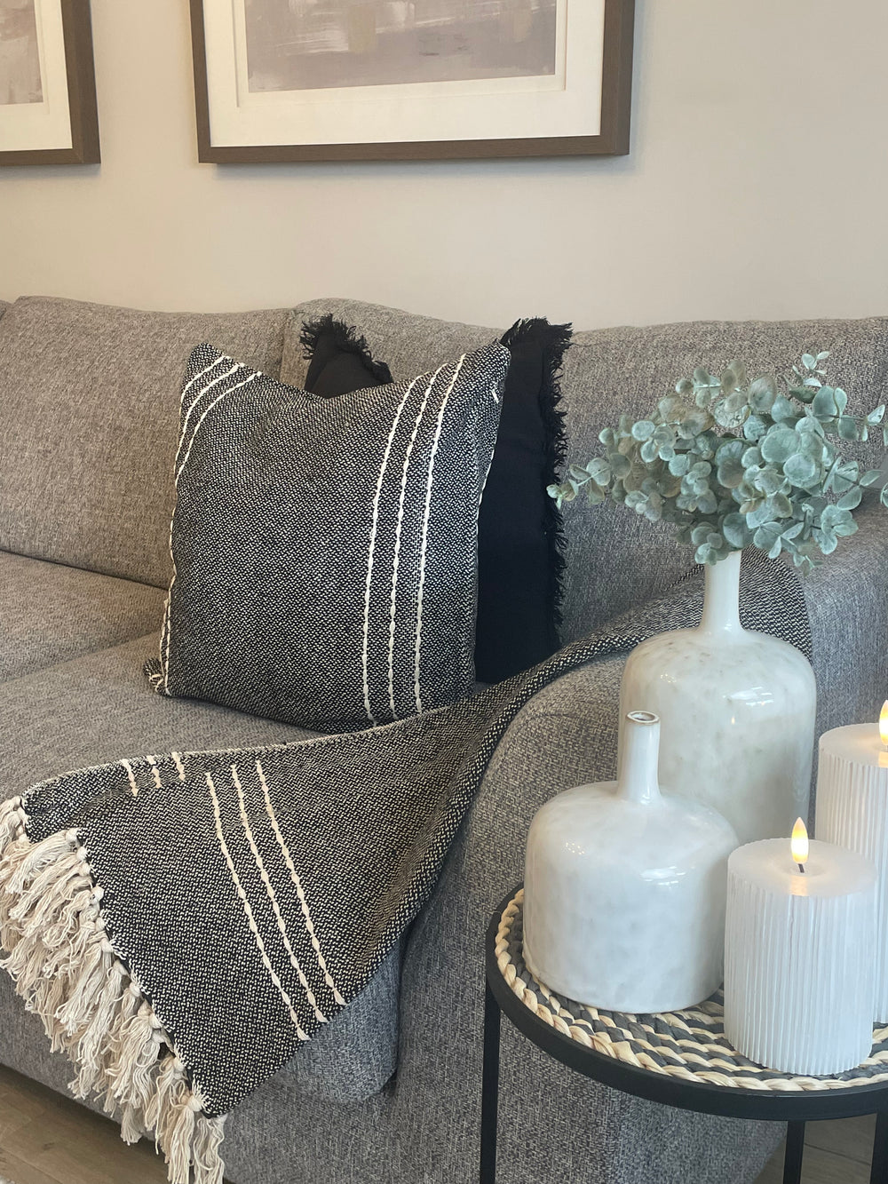 Black couch white pillows online