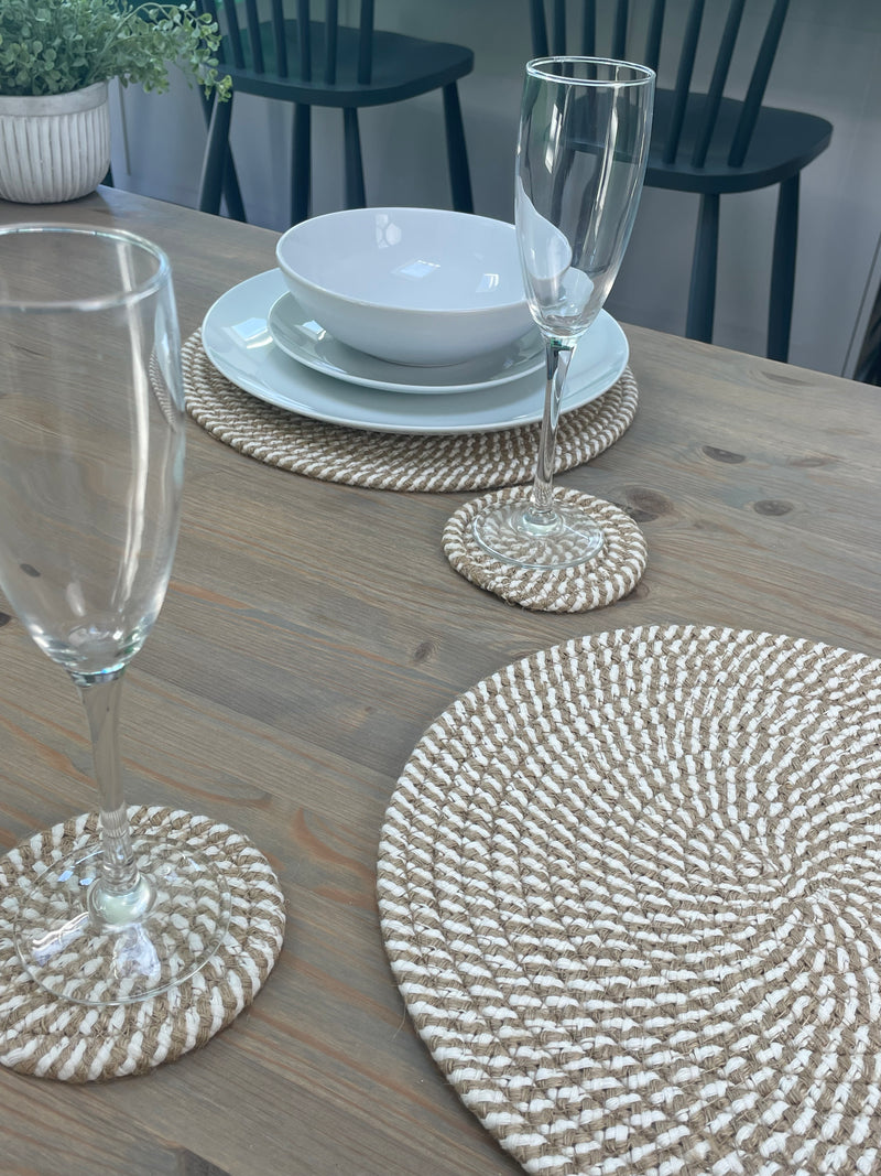 Set of 4 Woven Stripe Natural Coasters and placemats