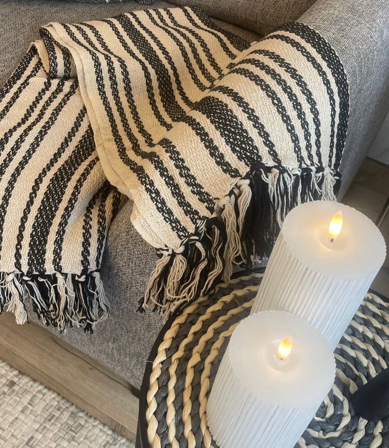 Ivory and black stripe weaved pattern throw