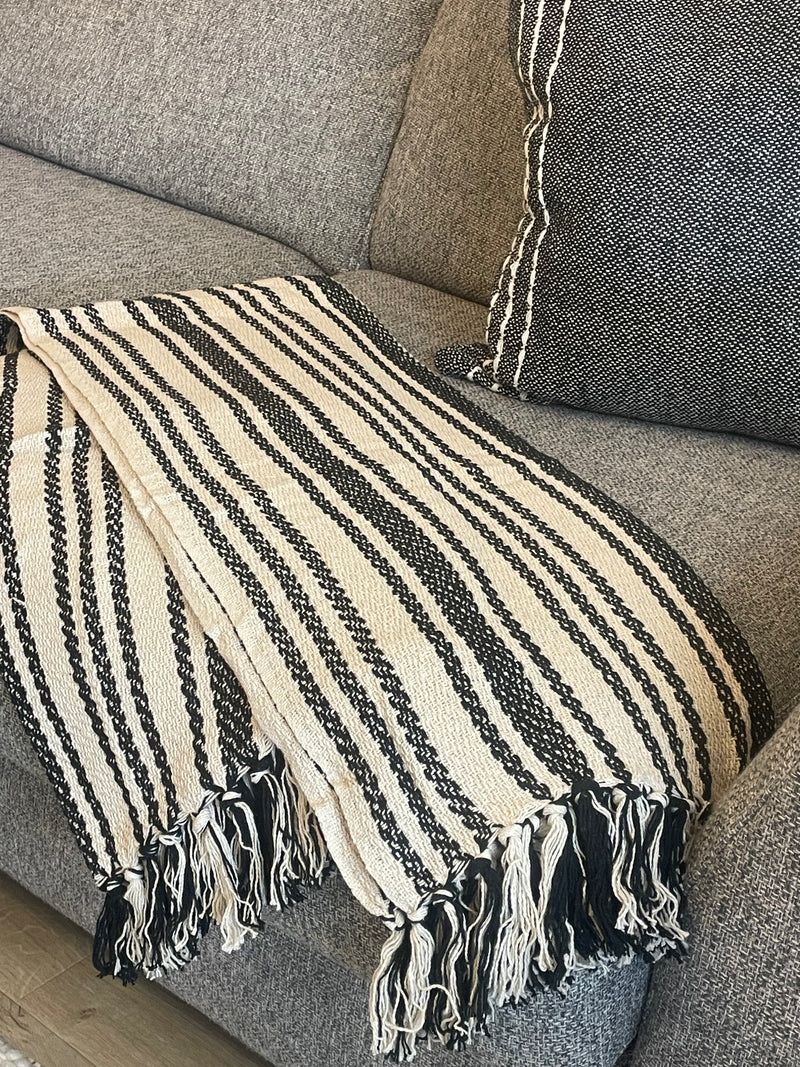 Ivory and black stripe weaved pattern throw