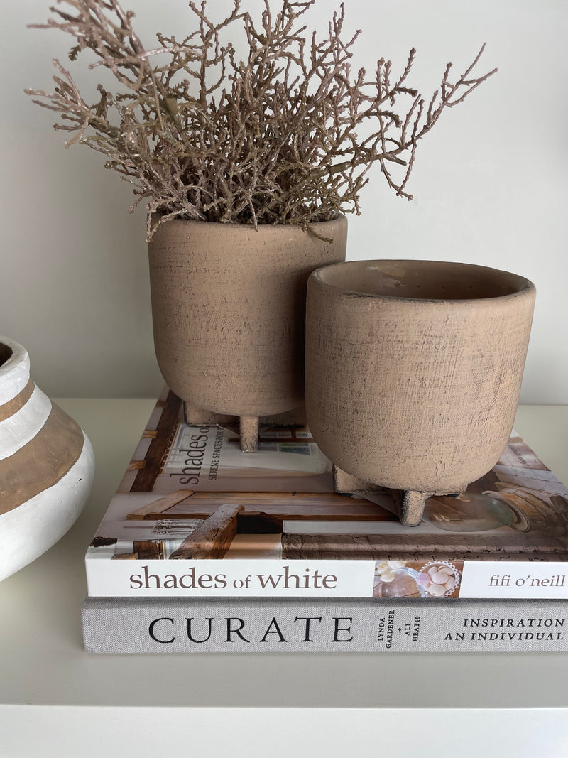 Concrete Nougat Brown Plant Pot on Base, two sizes.