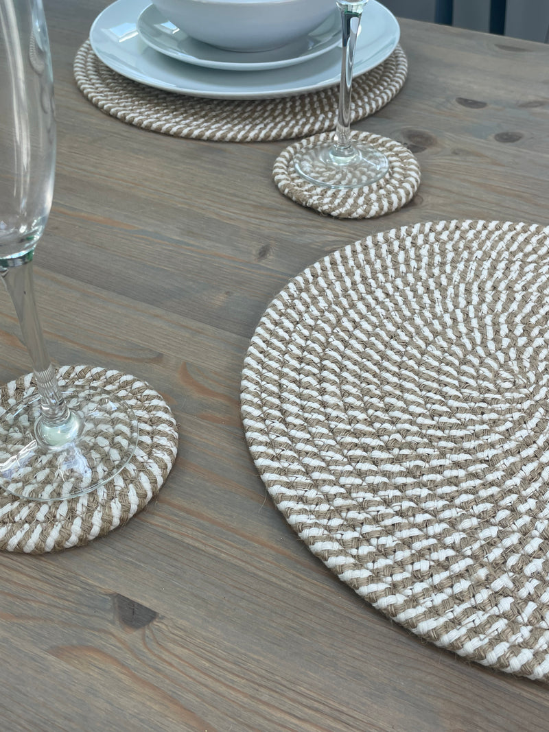 Set of 4 Woven Stripe Natural Coasters and placemats