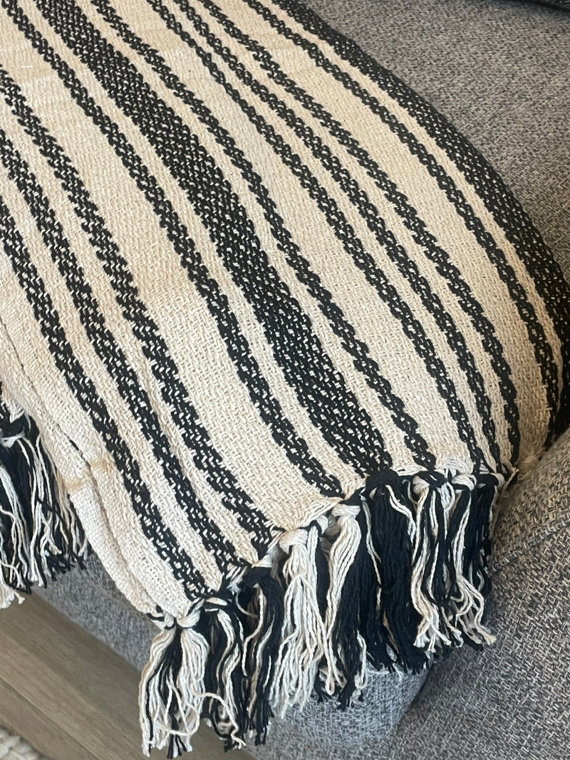 Ivory and black stripe weaved pattern throw