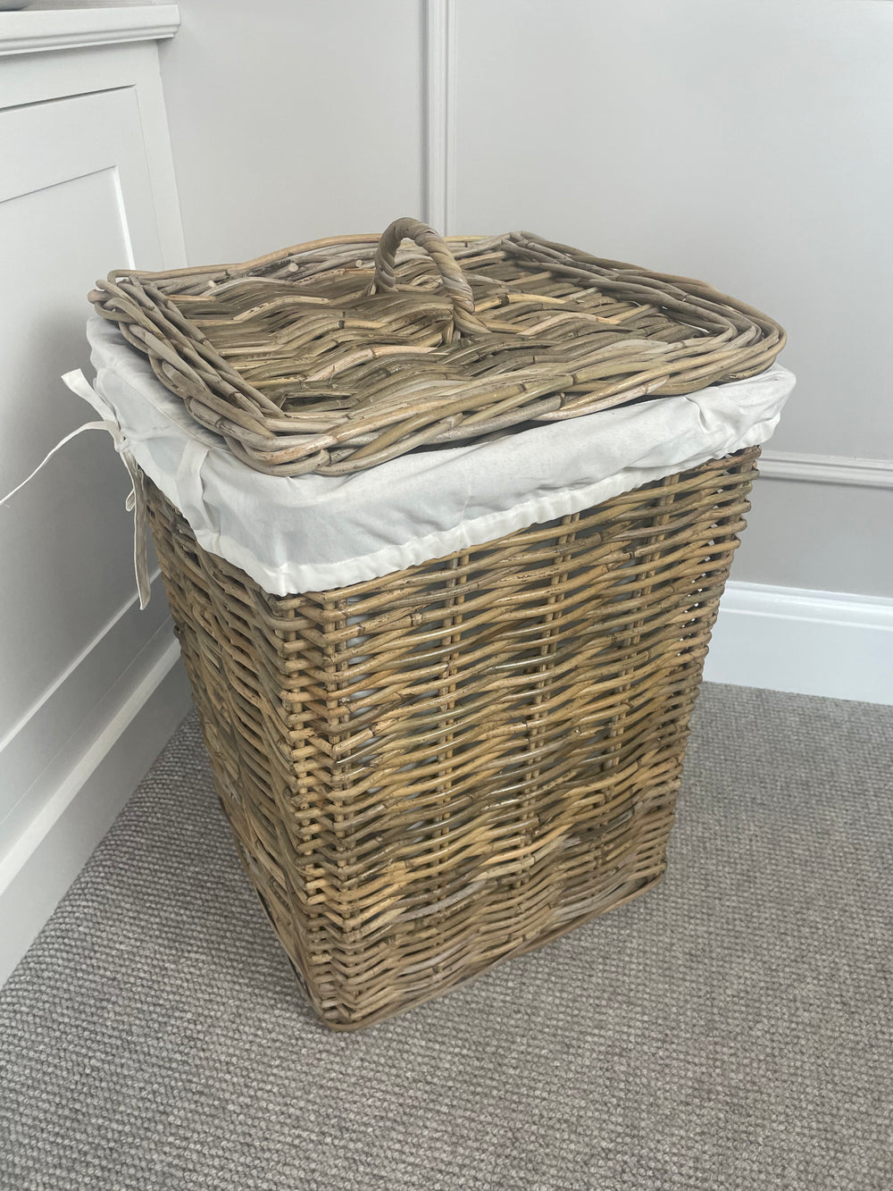 Grey wicker laundry basket deals
