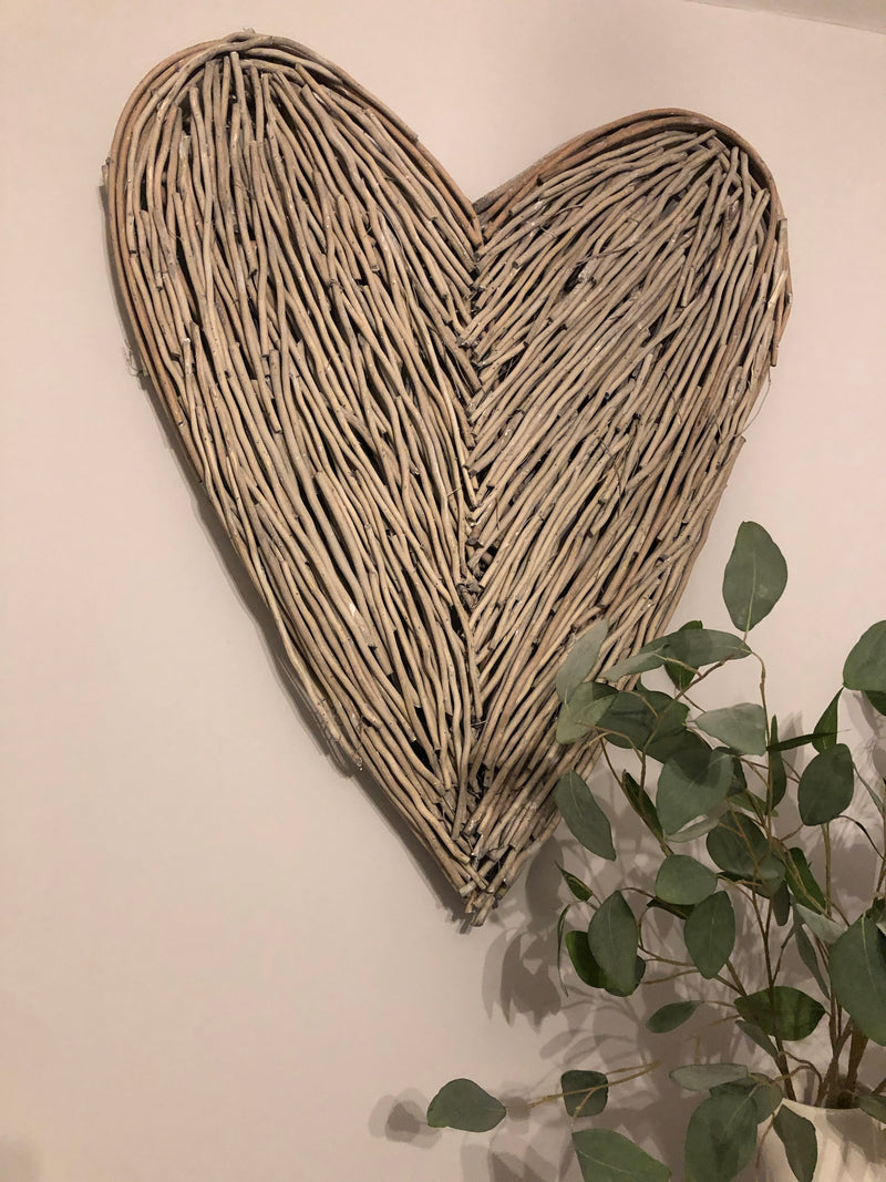 Large Grey Wash Wicker woven twig Heart