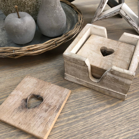6 Wooden heart coasters in holder