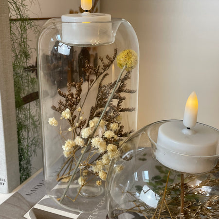 Glass candle holder with dried flowers tall