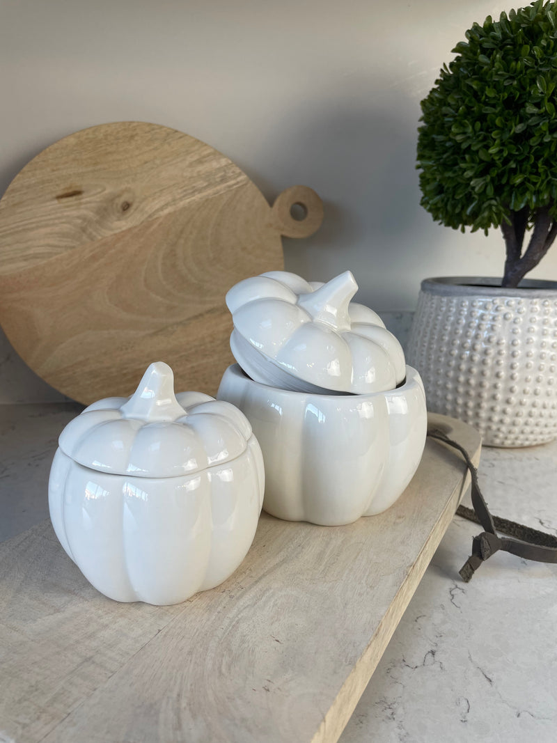 Large White Ceramic Halloween Lidded Pumpkin Jar