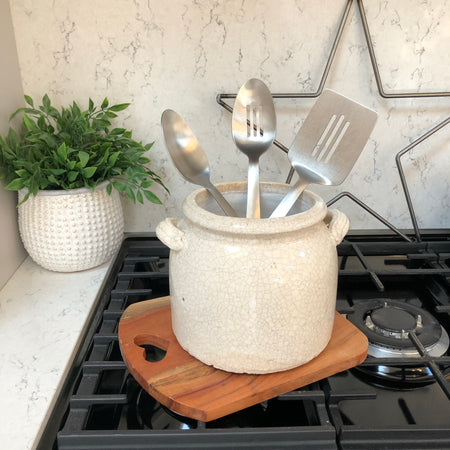 Ravello large chunky crackle pot with handles off white utensils